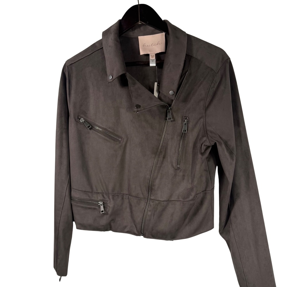 Anthropologie Hutch Faux Suede Moto Jacket Dark Gray Asymmetrical Zip M